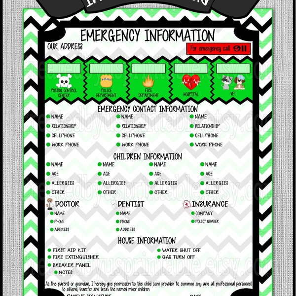 INSTANT DOWNLOAD Babysitter emergency contact form Emergency Contact Info Sheet for Nanny Care giver phone list Printable Digital download