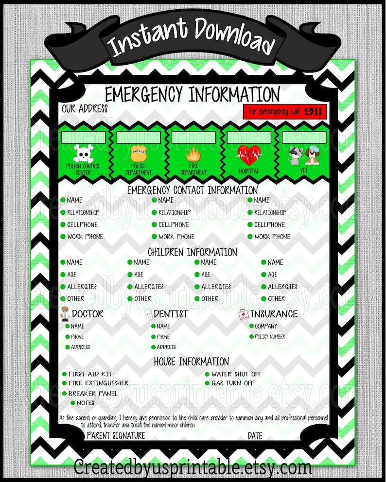 instant download babysitter emergency contact form