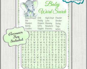 Elephant baby shower game Boy elephant Word search Game cards Elephant Printable game Elephant baby boy shower party ideas Digital Download