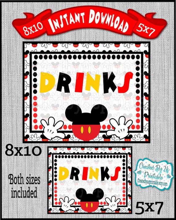 Printable Mickey Mouse 8x10 and 5x7 Drinks Signs Mickey Signs | Etsy