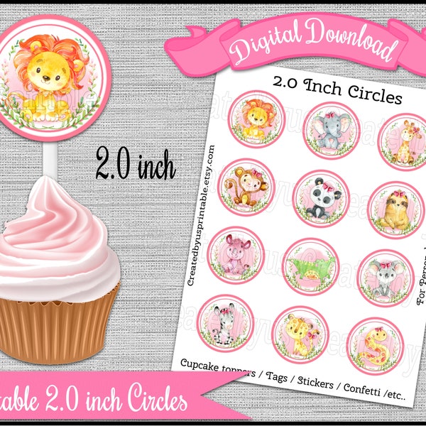 Girl Jungle Safari cupcake toppers Girl birthday party Zoo 2.0 inch circles Watercolor Jungle baby shower Digital printable INSTANT DOWNLOAD