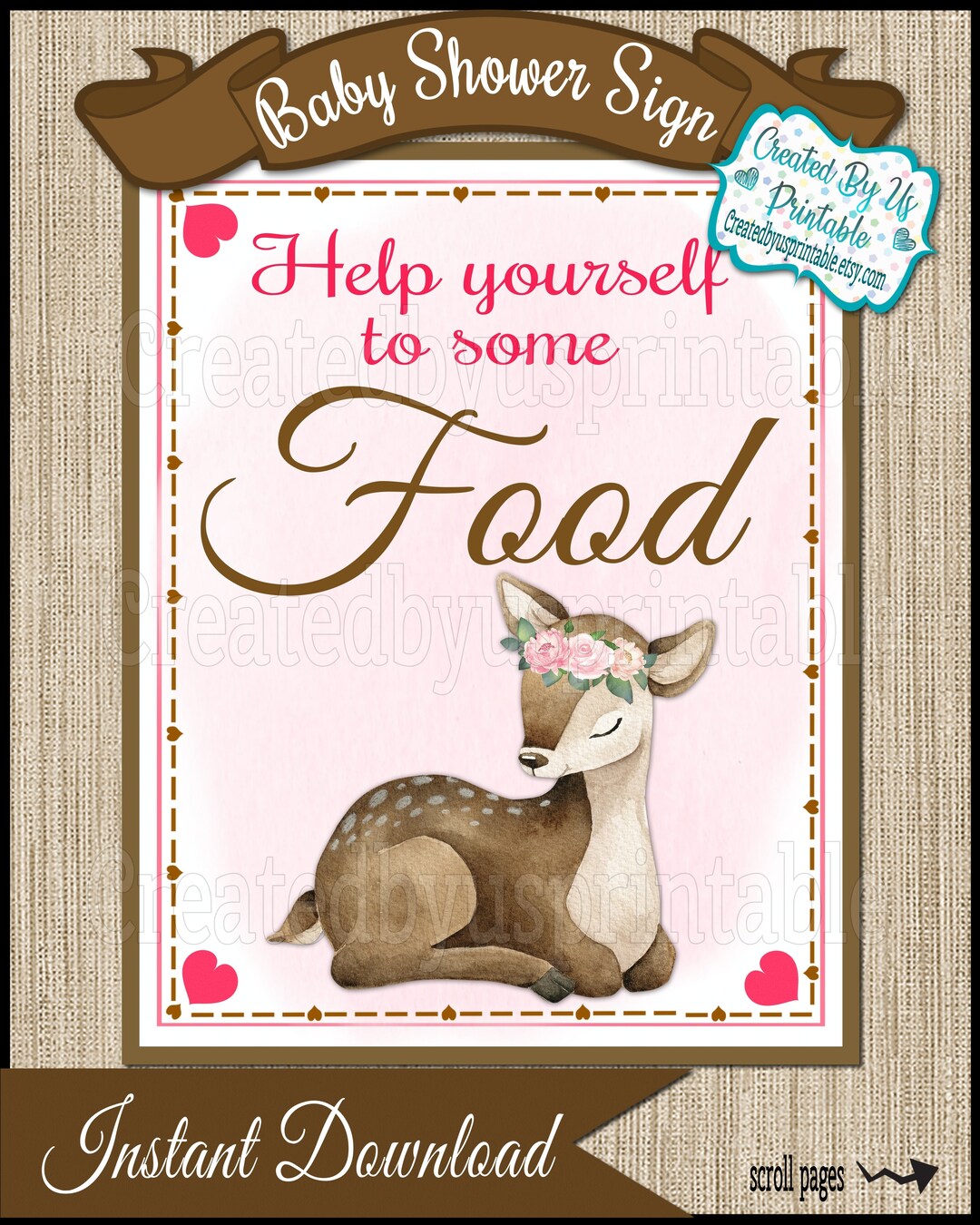 Baby Shower Food Sign Pink Floral Deer Baby Girl Shower Food Sign Pink