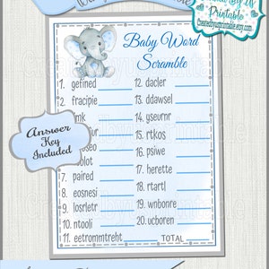 Elephant baby shower game Boy elephant Baby Word Scramble Game cards Blue Elephant baby boy shower game ideas de fiesta Juego imprimible Digital