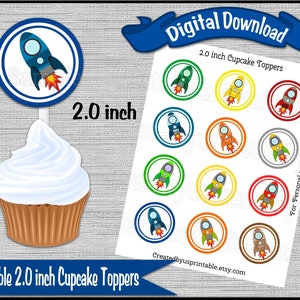 Rocket cupcake toppers Space Birthday Party 2.0 inch cupcake picks Outer space Baby shower Spaceship Digital Diy printable INSTANT DOWNLOAD