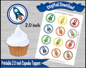 Rocket cupcake toppers Space Birthday Party 2.0 inch cupcake picks Outer space Baby shower Spaceship Digital Diy printable INSTANT DOWNLOAD