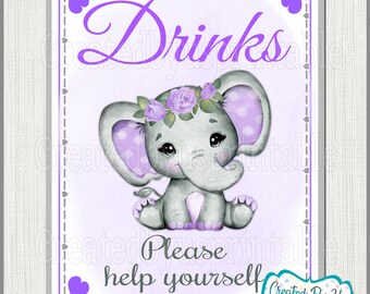 Baby Shower Drinks sign Purple Floral elephant Baby Girl shower Drinks sign Purple Elephant Drinks sign little peanut PRINTABLE sign BGFPE3