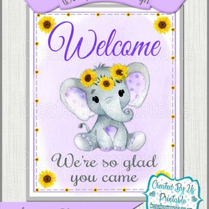 Baby Shower Welcome sign Purple Sunflower elephant Baby Girl shower welcome sign Purple elephant welcome sign little peanut DOWNLOAD BGSPE4