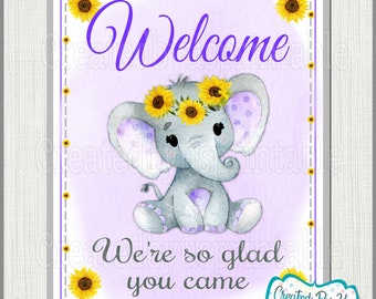 Baby Shower Welcome sign Purple Sunflower elephant Baby Girl shower welcome sign Purple elephant welcome sign little peanut DOWNLOAD BGSPE4