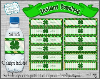 Etykiety na butelki z wodą z okazji dnia św. Patryka (do pobrania w wersji cyfrowej) Dekoracje urodzinowe Baby shower Wydrukowane opakowania na butelki z wodą Koniczynka