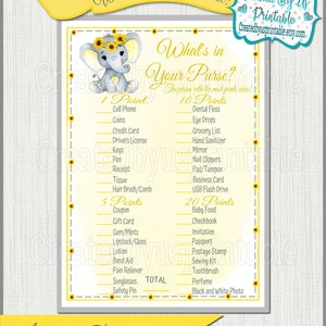 Elefant Baby Shower Spiel Gelb Sonnenblume Elefant Baby Mädchen Party Ideen Mädchen Elefant Was ist in Deiner Geldbörse Spiel Printable Digital