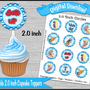 Surfer Cupcake Toppers Surfing birthday Party 2 inch circle cupcake picks Surfboard party cupcakes Digital Diy printable INSTANT DOWNLOAD