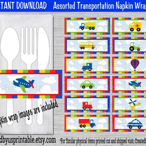 INSTANT DOWNLOAD Transportation Napkin wraps Birthday Decorations Baby shower napkin bands Paper napkin ring holders Digital Download Diy