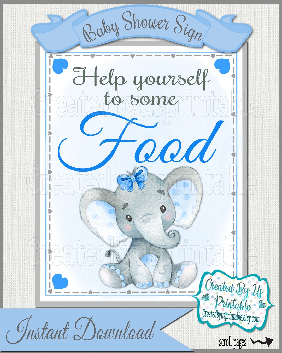 Baby Shower Food Sign Blue Elephant Baby Girl Shower Food Sign Etsy