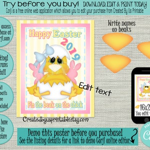 EDITABLE  Easter Pin the beak on the Chick game INSTANT DOWNLOAD Easter family party Spring game ideas Digital download Diy 16x20 Corjl