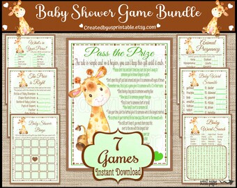Jogos de chá de bebê girafa para impressão Pacote de jogos de chá de bebê girafa pacote de jogos de chá de bebê girafa verde menino jogos de chá de bebê digital DIY