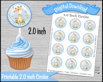 Watercolor Giraffe cupcake toppers Boy birthday party Zoo 2.0 inch circle picks Boy giraffe baby shower Digital printable INSTANT DOWNLOAD