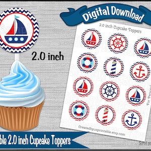 Nautical cupcake toppers Boy nautical birthday Party 2.0 inch cupcake picks Nautical Baby shower cake Digital Diy printable INSTANT DOWNLOAD