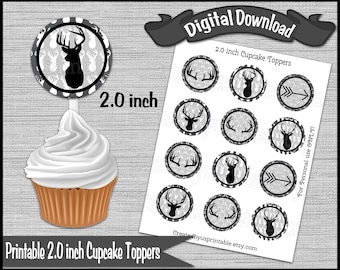 Deer cupcake toppers Hunter Birthday Party Cup cake picks 2.0 inch Wilderness Deer Arrows Camping Digital Diy printable INSTANT DOWNLOAD