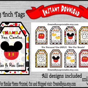 Mickey Mouse thank you tags Mickey thank you tags Mickey birthday tags Mickey Mouse Party Favor Tags Digital Diy printable INSTANT DOWNLOAD