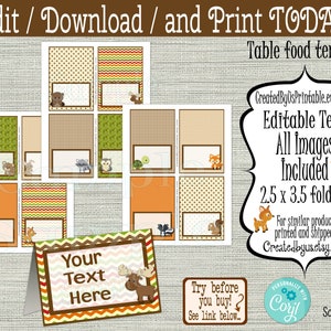 INSTANT DOWNLOAD Woodland food tent card EDITABLE Baby Wilderness place card Woodland Baby Shower Table food card Digital Download Diy Corjl