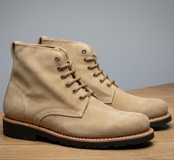 Handmade Suede Hiking Lace up Goodyear Welted Boots, Beige  display picture 2