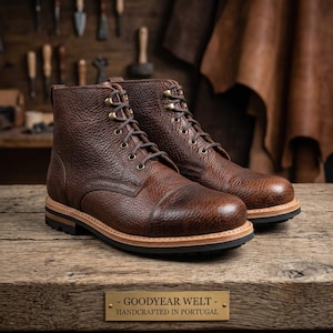 Ręcznie robione buty męskie Derby ze skóry z noskiem, szyte Goodyear, buty trekkingowe, męskie skórzane botki, buty w stylu bojowym z wodoodporną podeszwą