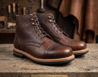 Handmade Derby Leather Toe cap men's boots Goodyear welted, casual hiking boots, Mens Leather Ankle Boots, Combat Style Sole waterproof boot