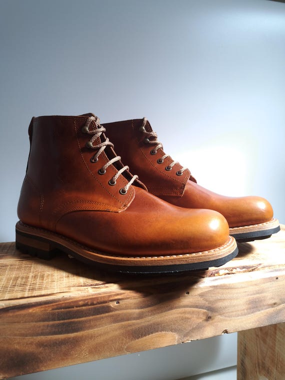 Handmade Leather Lace-up Boots Brown, Orange Full-Grain Work Boots, Man Boots, Mens Leather Casual Boots, Ankle Boots, Vintage Boots