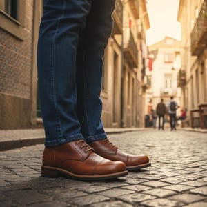 May include: A person wearing brown leather boots with laces and dark blue jeans stands on a cobblestone street. The boots have a classic design with a rounded toe and a low heel. The background shows a European-style street.