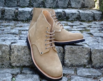 Handmade Suede Hiking Lace up Goodyear Welted Boots, Beige  display picture 1