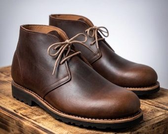 Handmade Full Grain Leather Chukka Desert Lace up Boots Eco Friendly, Brown Goodyear Welted Boots, Men Chukka Boots, Women Chukka Flat Boots