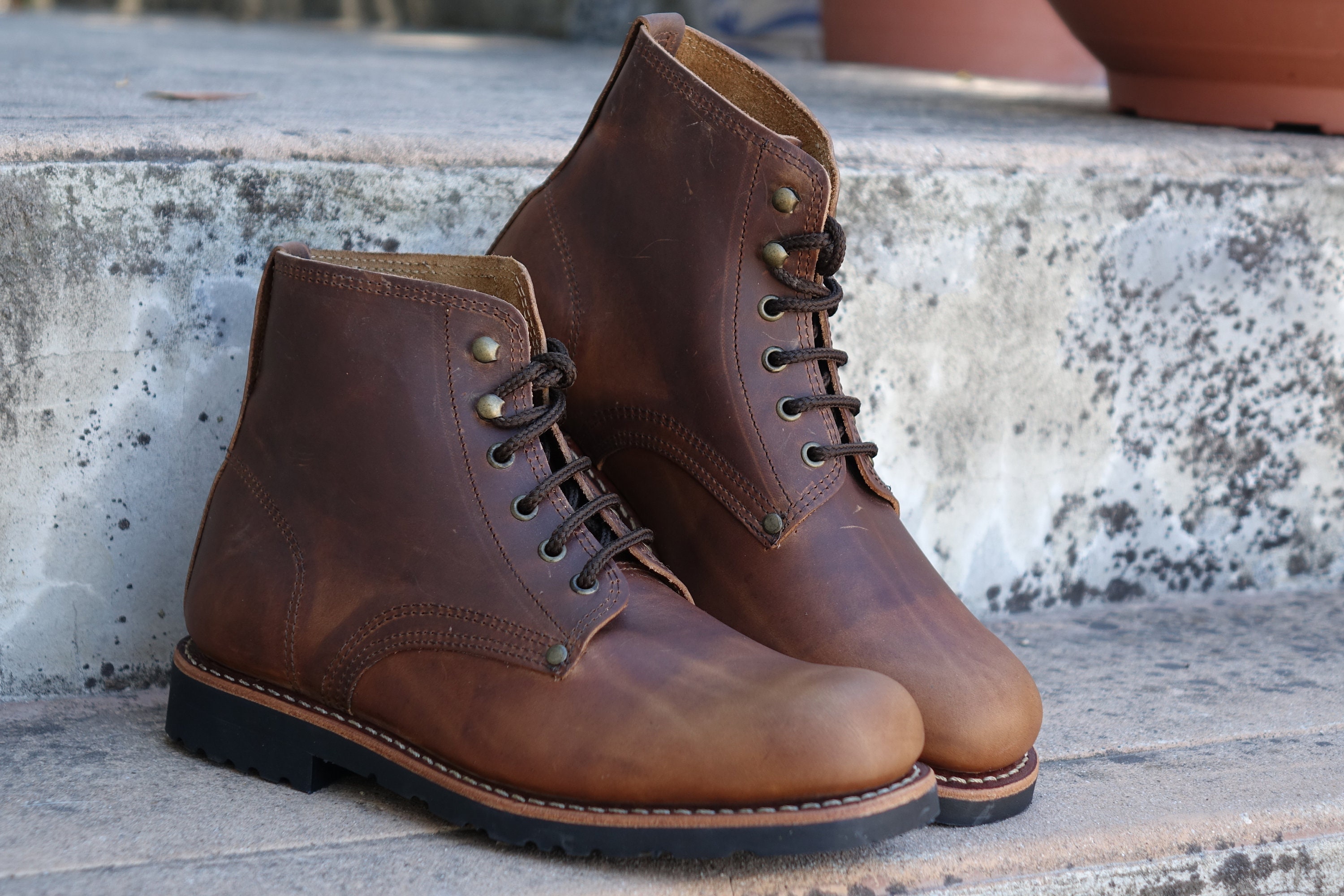 Handmade Lace up Hiking Leather fire Burn Boots Goodyear Welt