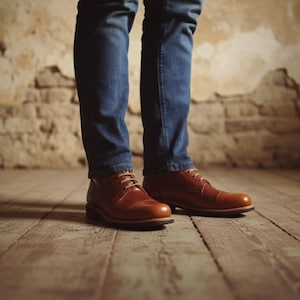May include: A pair of brown leather dress shoes with light brown laces. The shoes have a classic design with a rounded toe and are worn with blue jeans. The shoes are on a wooden floor.