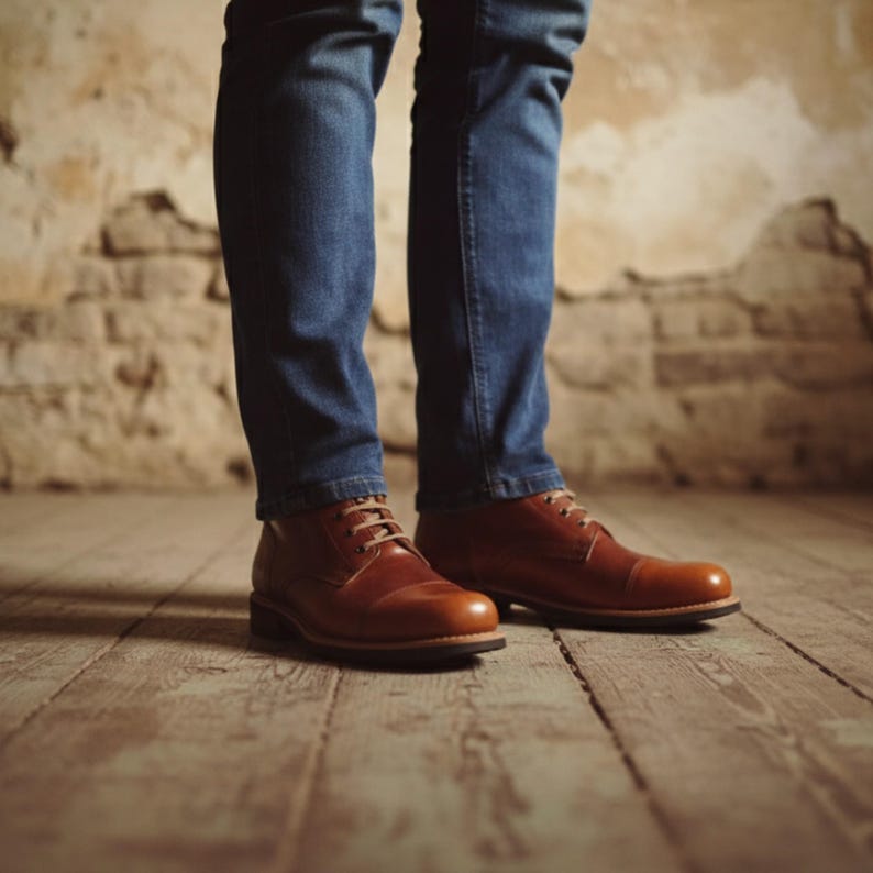 May include: A pair of brown leather dress shoes with light brown laces. The shoes have a classic design with a rounded toe and are worn with blue jeans. The shoes are on a wooden floor.