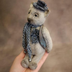 Tiny teddy bear Handmade bear  Dressed bear jointed Teddy wearing a vest and a hat Artist teddy bear Vintage style gray teddy bear OOAK bear