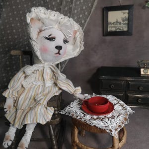 Victorian Cloth Cat Doll - Soft Handmade Cat - Linen Dress - Collectible Cat - Shabby Chic Decor - Fabric Animal Art Doll - OOAK