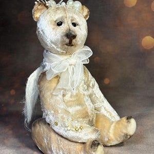 Handmade teddy bear angel - Artist teddy bear with wings - OOAK teddy doll - Vintage style bear from white velvet - Glamourous teddy bear