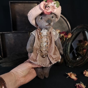 Handmade plush teddy bear Vintage teddy bear Silk velvet dress Shabby chic bear Collectible bear Retro decor Unique gift OOAK teddy bear