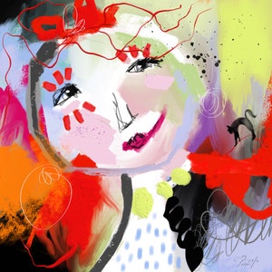 PITTURA FIGURATIVA "Charlotte a un chat" 24 X 24 carta Limited Edition Art by Chantal Proulx