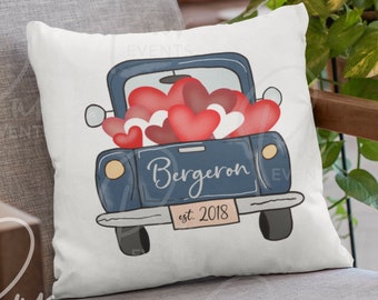 Last Name Valentine's Truck |Family Name|18 x 18 or 20 x 20 Pillow Case Only - Insert not included|Pillow Cover|Throw Pillow|Home|Gift