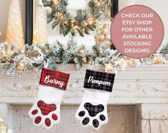 Pet Paw (Cat or Dog) in Red or Green Buffalo Plaid (Tartan) Personalized Christmas Stockings | Custom