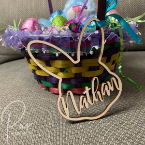 Étiquette pour panier de Pâques découpée au laser avec tête de lapin | Étiquettes personnalisées pour panier de Pâques | Étiquettes lapin de Pâques | Lapin personnalisé | Marque-places | Etiquettes cadeaux