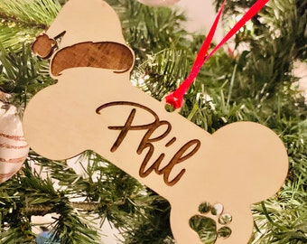 Santa Hat Dog Bone|Dog Bone Ornament|Personalized Dog Bone|Keepsake|Custom Personalized Bone Ornament|Pet Personalized Christmas ornament
