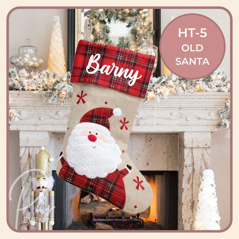 Bas de Noël personnalisés à carreaux beige et rouge Buffalo tarttan de toile de jute Personnalisé image 9