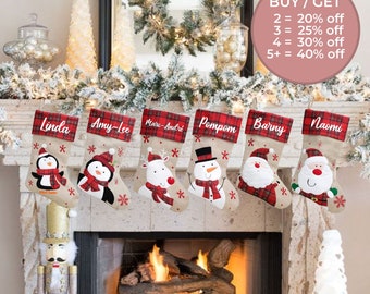 Beige & Red Buffalo Plaid (Hessian Tartan) Personalized Christmas Stockings | Custom