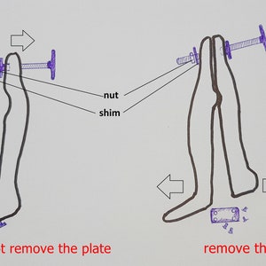 May include: A diagram showing two methods for adjusting a piece of furniture. The first method shows a nut and shim being adjusted with a plate in place. The second method shows the plate removed and the nut and shim being adjusted. The text "do not remove the plate" is written below the first method and "remove the plate" is written below the second method.
