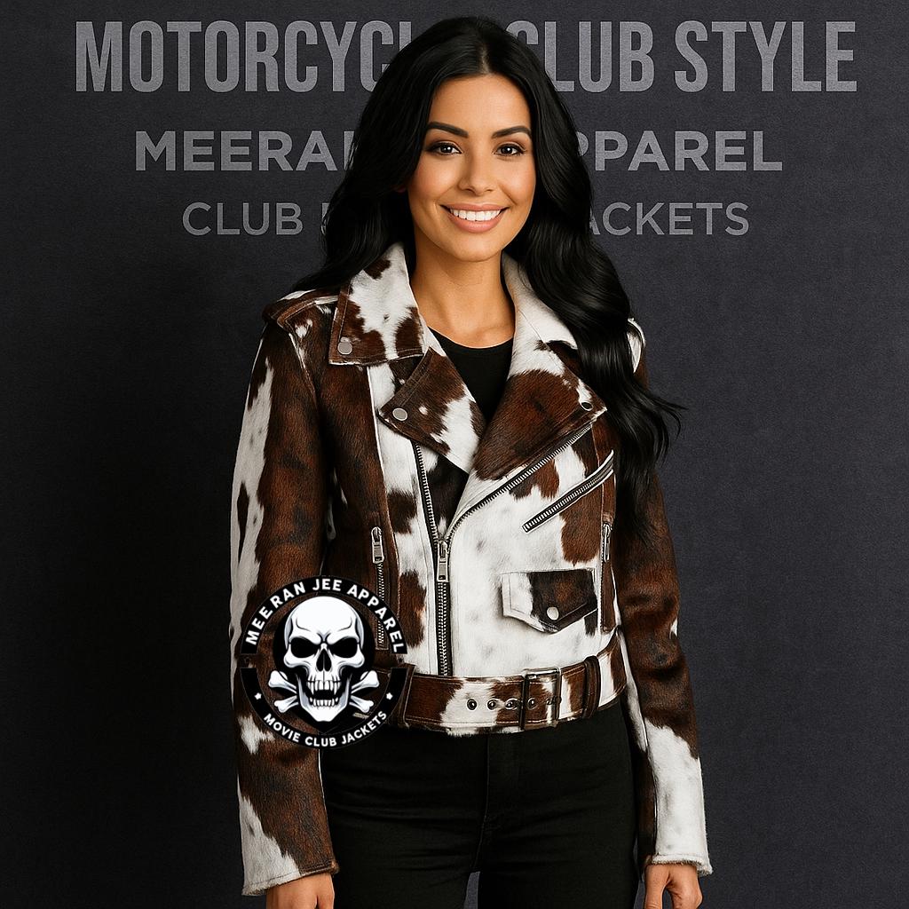 Brown & White Cowhide Leather Motorcycle Biker Jacket – Real Cow