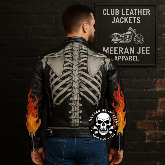 Skeleton Skull Leather Biker Jacket: Halloween Costume, Meeran Jee