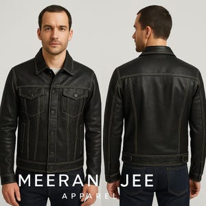 May include: Black leather jacket with white stitching, two chest pockets, and button closures. The jacket is shown from the front and back. The text "MEERAN JEE APPAREL" is at the bottom of the image.