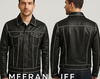 Classic Black Leather Trucker Jacket – White Stitching | Natural Cowhide | Meeran Jee Apparel